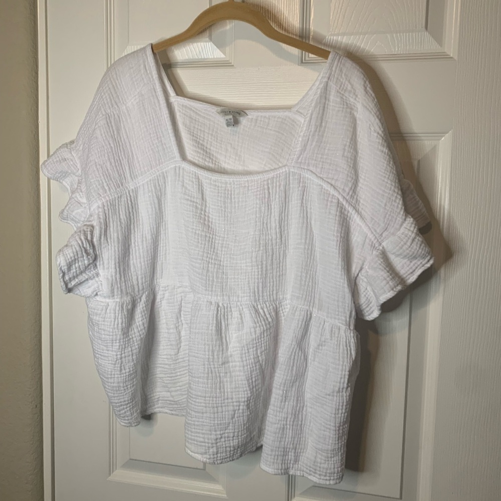 Women’s Lucky Brand 100% Cotton Gauze Style Babydoll S/S Top Silver Detail  XL